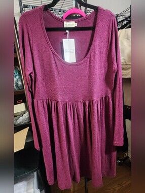 NINEXIS Long Sleeve Scoop Neck Babydoll Midi Dress in Berry